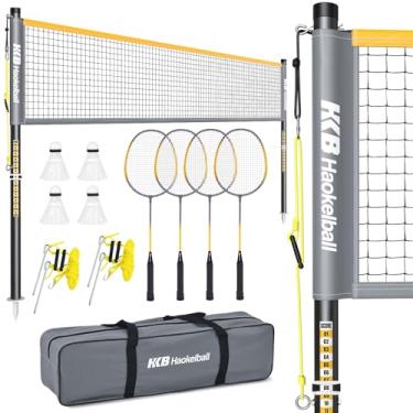 Imagem de Haokelball Conjunto de badminton para quintal, rede de badminton portátil de 6 metros com bastões, 4 raquetes de badminton e 4 petecas, design anti-queda, bolsa de transporte incluída, diversão ao ar