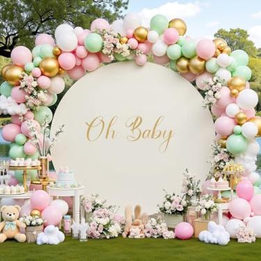 Imagem de FIXORO Capa de fundo redonda marfim de 2,5 m para suporte de arco circular de 1,5 a 2,2 m com placa de decalque Oh Baby - Capa de arco de elastano grossa para chá de bebê, arco de casamento, festa de