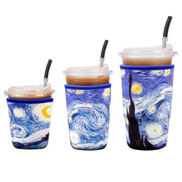 Imagem de Cavllson Suporte de copo reutilizável isolado de neoprene para bebidas geladas café gelado para Starbucks Coffee, McCafe, Dunkin Donuts, Tim Hortons e mais, noite estrelada - pacote com 3