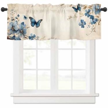 Imagem de Saia de cozinha com bolso de haste primavera borboleta azul borboleta em cortinas de janela curta vintage, tratamento de janela de planta em aquarela para banheiro, sala de estar, quarto, 1 painel
