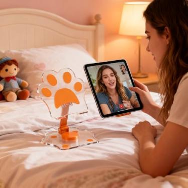 Imagem de Suporte para celular Pet Pata, suporte dobrável giratório de 360° para telefone e tablet - Suporte de mesa portátil ajustável de acrílico fofo para smartphones (laranja)