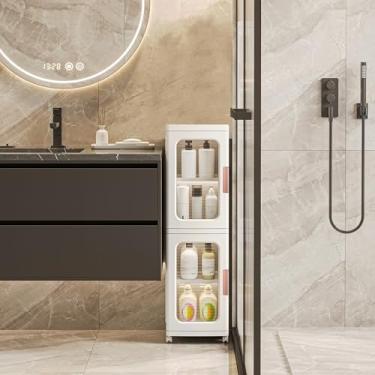 Imagem de MOSAMNI Armário de armazenamento fino para pequenos espaços, organizador de armazenamento estreito de plástico de 2 camadas com portas e prateleiras Armário empilhável de piso de banheiro para casa