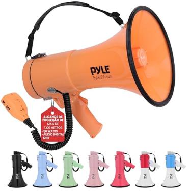 Imagem de Pyle Megafone Bullhorn de 50 W - portátil, sirene automática e volume ajustável, alcance de projeção de até 1200 jardas quadradas, entrada auxiliar, talk, sirene, música, apito e gravação, alça de