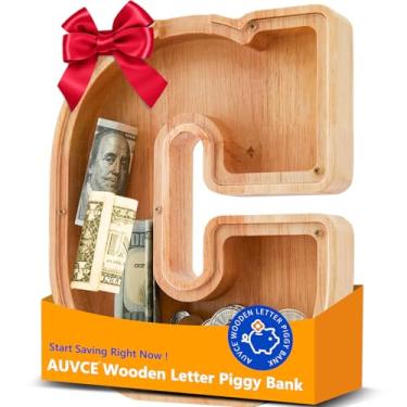 Imagem de Cofrinho de madeira para crianças, cofrinho inicial para meninos e meninas, primeiro nome personalizado cofrinho para aniversário meninos meninas presente cofrinho para crianças (madeira, S9-C)