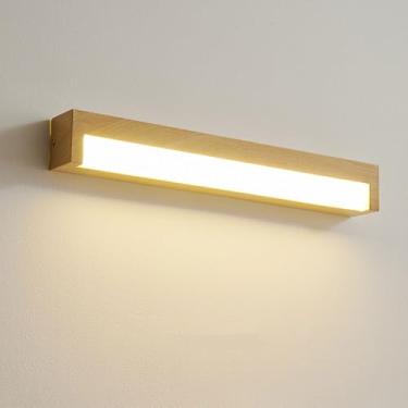 Imagem de Aplique de parede longo de madeira para banheiro, com luz LED sobre o espelho, ideal para cabeceira de cama ou corredor, perfeito para sala de estar.