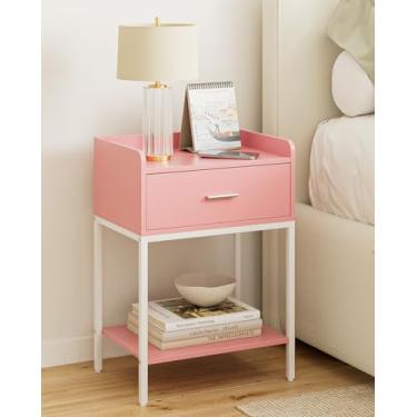 Imagem de Masupu Mesa de cabeceira, mesa de cabeceira moderna de 3 níveis com gaveta de armazenamento e prateleira, mesa lateral pequena para quarto, sala de estar, preta (sem tomada, rosa)