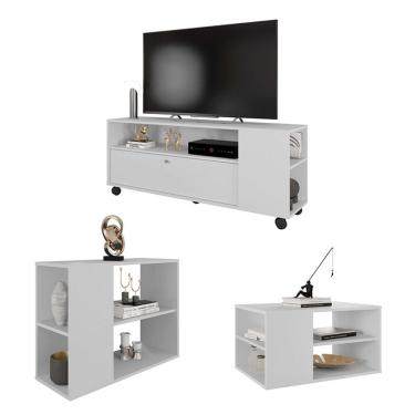 Imagem de Conjunto Kit Sala De Estar Rack Mesas Opala Branco Caemmun