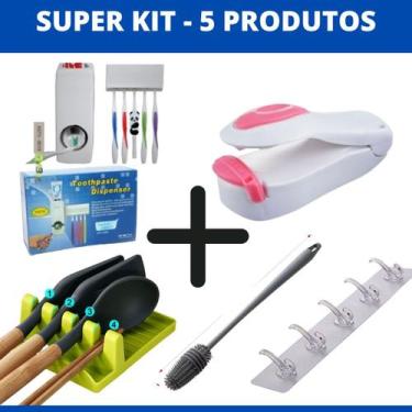 Imagem de Kit com Dispenser pasta de dente, Mini Seladora de Sacos Escova Lavar 
