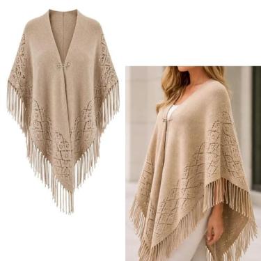 Imagem de Poncho Feminino em Tricot Premium com Franjas Elegante Inverno Luxo (1