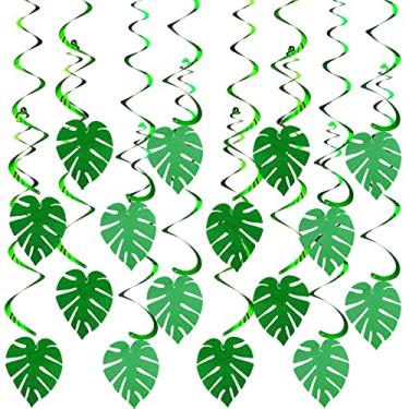 Imagem de 32 peças de folhas de palmeira com glitter decorações de festa espiral folha verde espiral decoração suspensa decorações de teto tropicais serpentinas penduradas para chá de bebê safári tema de selva de aniversário suprimentos de festa