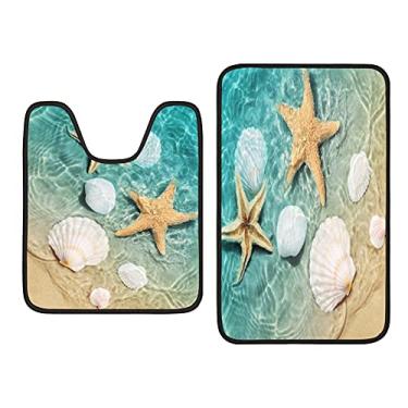 Imagem de Conjunto de tapete de banho de praia de verão 2 peças, tapete de banheiro de concha de estrela do mar e conjunto de tapete de banheiro com contorno em forma de U, tapetes de banho absorventes antiderrapantes macios para banheiro