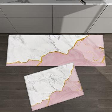 Imagem de Conjunto de 2 tapetes de cozinha abstrato mármore rosa branco para tapetes acolchoados e tapetes antiderrapantes absorventes corredor confortável tapete de pé