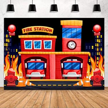 Imagem de FHZON Decoração de mesa de bolo de bombeiros para festa de bombeiros, camionete, alarme, hidrante, fundo de incêndio, adereços fotográficos 2,1 x 1,5 m BJLSFH227