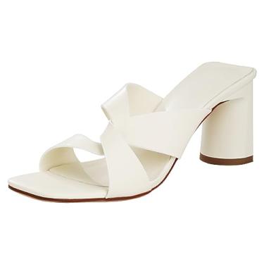 Imagem de Husmeu Sandálias femininas de salto alto para mulheres Dreesy Summer Mules bico quadrado salto grosso sandálias de salto bloco, Branco, 7-7.5