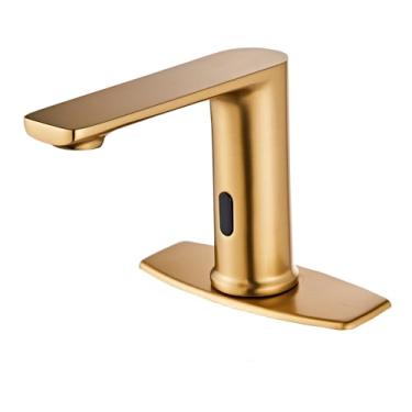 Imagem de Halo Sanitary Torneira de banheiro sem toque Sensor de movimento automático Grifo CEC Watersense com tampa de furo Placa de deck Robinet Mão Livre Escovado Dourado