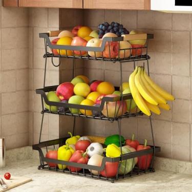 Imagem de Fruteira De Mesa Organizador De Frutas, Cesto de Frutas de Metal de 3 Níveis, Cesta de Armazenamento de Frutas de 3 Níveis com Alça, Fruteira de Cozinha para Armazenar Verduras e Frutas