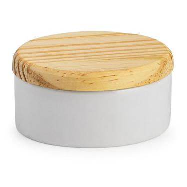 Imagem de Porta joia de porcelana tampa de madeira potinho louça 8,5cm - Loja Bo