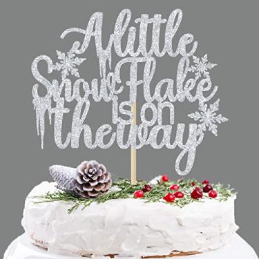 Imagem de Topo de bolo A Little Snowflake is on the Way, decoração de bolo de aniversário de floco de neve de inverno, suprimentos de decoração de festa para chá de bebê/revelação de gênero, glitter prateado