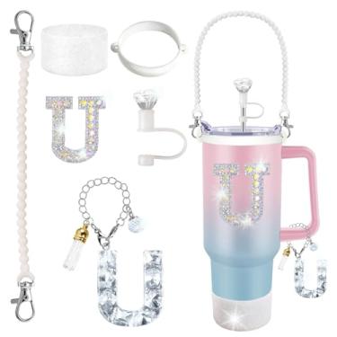 Imagem de Stanley Cup Accessories 850.5 g 1,134.0 g Glitter Silver, capa de canudo de diamante, pingente de letra, adesivo de letra, bota de silicone, suporte com alça incluído para copo Stanley