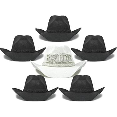 Imagem de Funky Junque Chapéu de cowboy de palha feminino chapéu de sol vaqueira despedida de solteira decorações de festa strass brilhante noiva verão praia, Pacote com 6: 1 noiva (branco/prata) e 5 pretos,