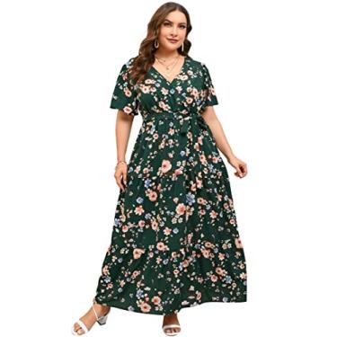 Imagem de ShopWonder Vestido feminino plus size com decote em V, cintura alta, babados, vestido casual de verão com cinto, Flor de ameixa verde-escuro, GG