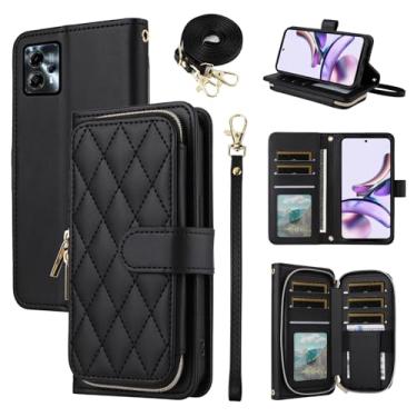 Imagem de Furiet Argyle Capa carteira para Motorola Moto G53 5G/G13/G23 com alça de ombro para pulso, bolsa com zíper com compartimento para cartão de 9 +, capa de telefone com suporte de couro PU de luxo para