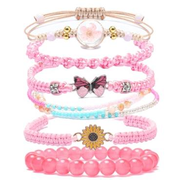Imagem de DS Pulseiras de contas de corda para meninas adolescentes, delicadas e fofas, margaridas de borboleta, conjunto de flores eternas para mulheres, meninas, ajustável, pulseira de amizade, joias de
