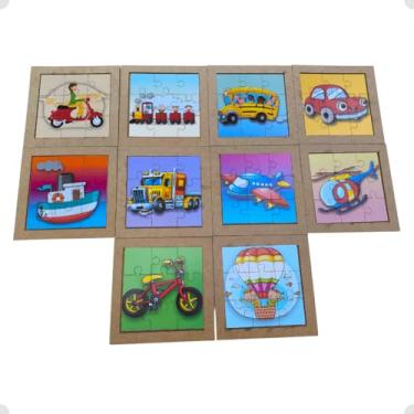 Imagem de Quebra Cabeça Brinquedo Infantil Jogo Kit 10 Meio Transporte Pedagógico Educativo Brinquedos Madeira
