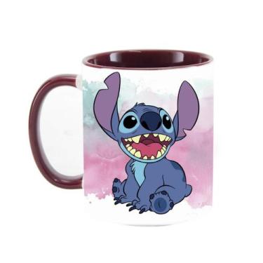 Imagem de Caneca Porcelana Alça Colorida Stitch Feliz 325ml Resistente - Impacta