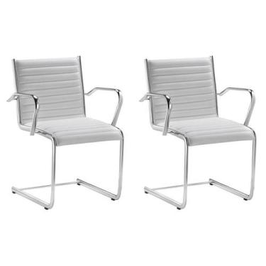 Imagem de Kit 2 Cadeiras Escritório Fixa Branca Com Braços Cromada - Alezzi