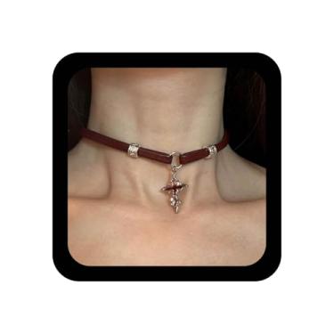 Imagem de Xduargs Colar com pingente de couro com cruz gótica, colar de couro vermelho, vintage, cruz, crucifixo punk, colares religiosos, cristãos, joias para mulheres