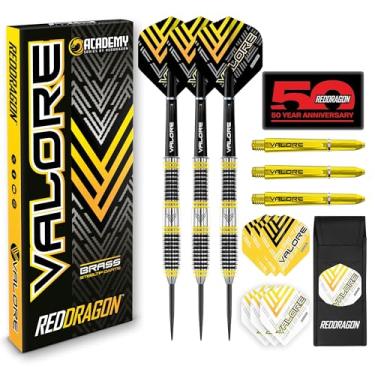 Imagem de RED DRAGON Valore Conjunto de dardos de ponta de aço de latão de 22 g com voos de dardo e eixos de dardos (hastes), incluindo carteira de dardos