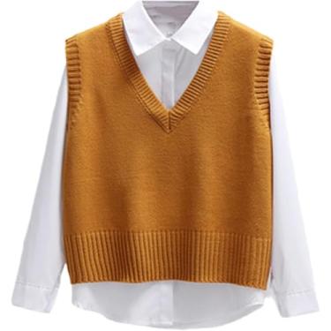 Imagem de Mulheres Camisola Colete Primavera Outono Curto Solto Suéter De Malha Sem Mangas Senhoras Com Decote Em V Pulôver Tops, Khaki, L