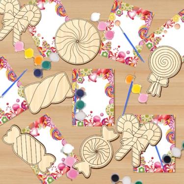 Imagem de HABDJILTY Conjunto de 12 peças de artesanato de pintura de madeira Candyland para crianças – pinte seus próprios doces lembrancinhas de festa para crianças, faça você mesmo, enfeites de doces para