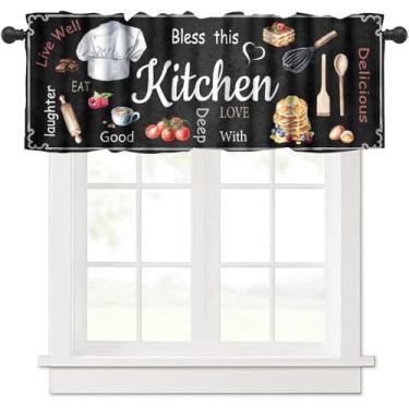 Imagem de JanJCurt Saia de cozinha retrô Farmhouse, rústico, vintage, estampa em preto e branco, chapéu de chef, sobremesa, bolo de café, bolso para varão, cortina de janela curta blackout para café