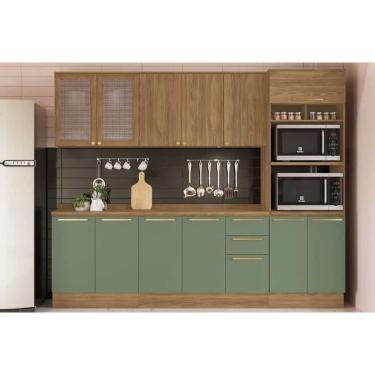 Imagem de Kit de Cozinha Completa 7 Peças Botanic (2Aéreos+2Balcões+1Paneleiro+2Complementos) C7P36 Nogueira/Verde - Kappesberg
