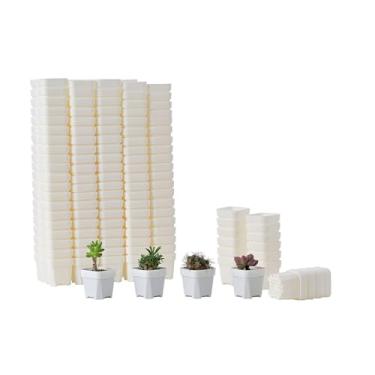 Imagem de BangQiao Pacote com 200 minúsculos vasos quadrados de plástico branco para berçário e mudas de 4 cm, mini plantador de sementes de transplante com orifício de drenagem para germinação, ervas