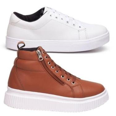 Imagem de Kit Tênis Feminino Casual Branco + Coturno Feminino Caramelo Esltico Skate, Balada.-Feminino