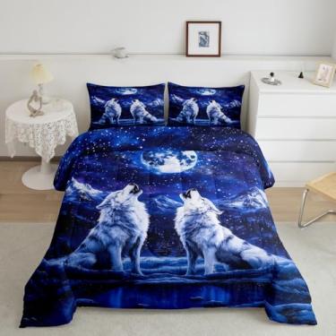 Imagem de Feelyou Conjunto de edredom queen, lobos, uivando, para meninos, meninas, adolescentes, animais, lobos, montanha, lua, lobo, quarto, azul royal