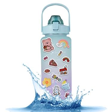 Imagem de kaimenhong Garrafa de água de 2L com canudo, garrafa de água inspiradora com marcador de tempo, garrafa de água esportiva com adesivos, garrafa de água portátil para fitness, academia e esportes ao ar