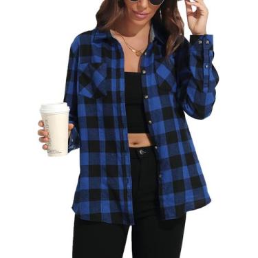 Imagem de Camisa de flanela KevaMolly xadrez de manga comprida para mulheres azu