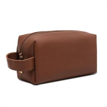 Imagem de Necessaire Grande Em Couro Lisa Porta Objetos Viagem Fechamento Zíper Maquiagem Higiene Pessoal-Unissex