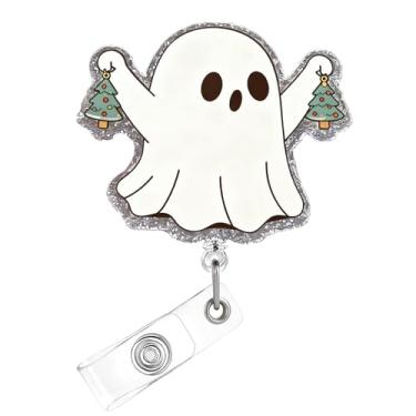 Imagem de Carretel de crachá de Natal, crachá de acrílico fantasma para crachá de identidade, suporte retrátil retrátil de árvore de Natal divertido acessórios de clipe de jacaré para enfermeiras, trabalhadores