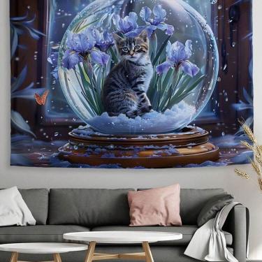 Imagem de Tapeçaria para pendurar na parede um lindo globo de neve para gatos com flores 150x130cm