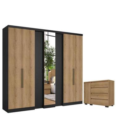 Imagem de Guarda Roupa Casal Selecto Glass 7 Portas Preto Capuccino E Cômoda Com Porta Aurora Cappuccino - Thb