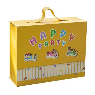 Imagem de Caixa de presente de papelão amarela Happy Party 21x20x7cm com alça