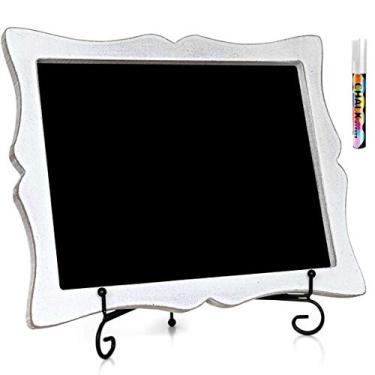 Imagem de Placa de quadro-negro de 28 cm x 33 cm com cavalete (branco rústico) + marcador de giz líquido branco | Quadro negro emoldurado para pendurar ou independente com moldura de coração feita à mão - placa de quadro pequeno multiuso