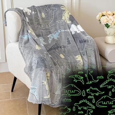 Imagem de Cobertor de dinossauro que brilha no escuro para crianças – flanela grossa de 280 g/m2, manta aconchegante super macia, cobertor brilhante divertido para meninos e meninas, presente de aniversário