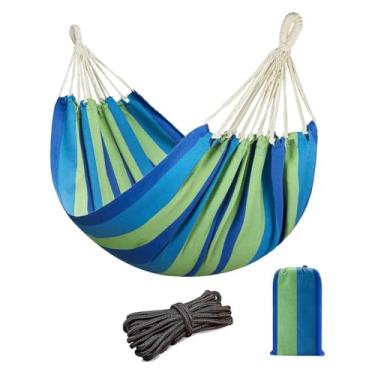 Imagem de LOHASTOUR Rede dupla portátil de algodão com cordas para pendurar e bolsa de transporte, rede para pátio, quintal, varanda, capacidade de peso de 250 kg, perfeita para uso externo/interno - listras