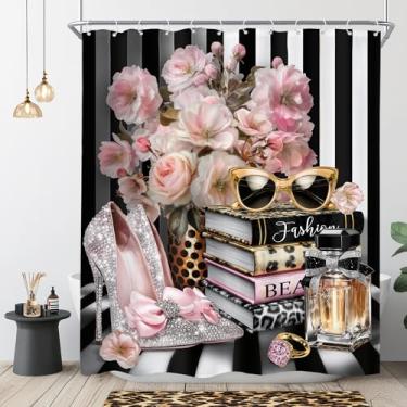 Imagem de Riyidecor Cortina de chuveiro moderna preta e rosa 152 cm L x 182 cm A livro floral listrado perfume óculos revista leopardo menina mulheres moderno decoração de banheiro tecido poliéster impermeável